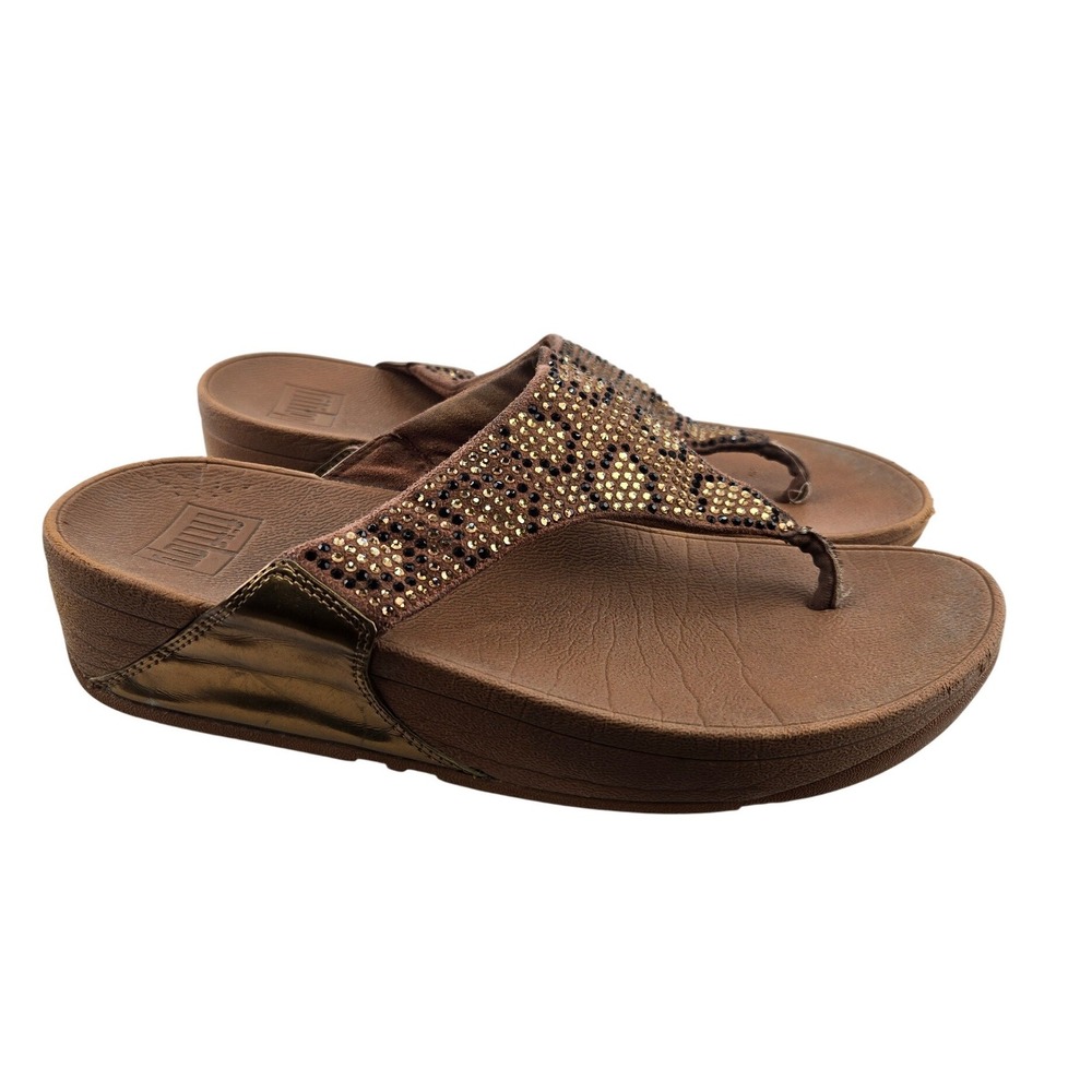 FitFlop Lulu‎ Leopard Crystal Thong Sandals Brown Gold Rhinestone  Size 7 US